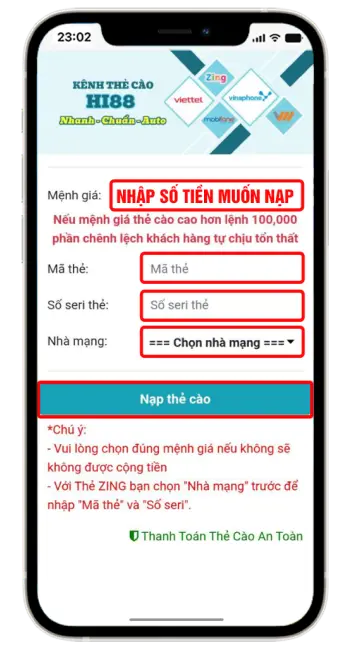 Bước 4: Tiến hành nhập đúng "Mã thẻ", " Số seri thẻ" → Chọn nhà mạng → Nhấn "Nạp thẻ cào".